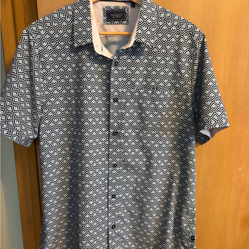 7 Diamonds Diamond Pattern Navy & Light Blue Button Down Dressy Men’s Shirt L